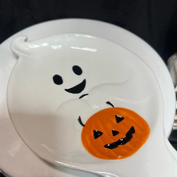 Halloween Happy Ghost w/ Pumpkin Pal Ceramic XL Cookie Jar - 2 Mugs & Spoon Rest - Picture 15 of 16